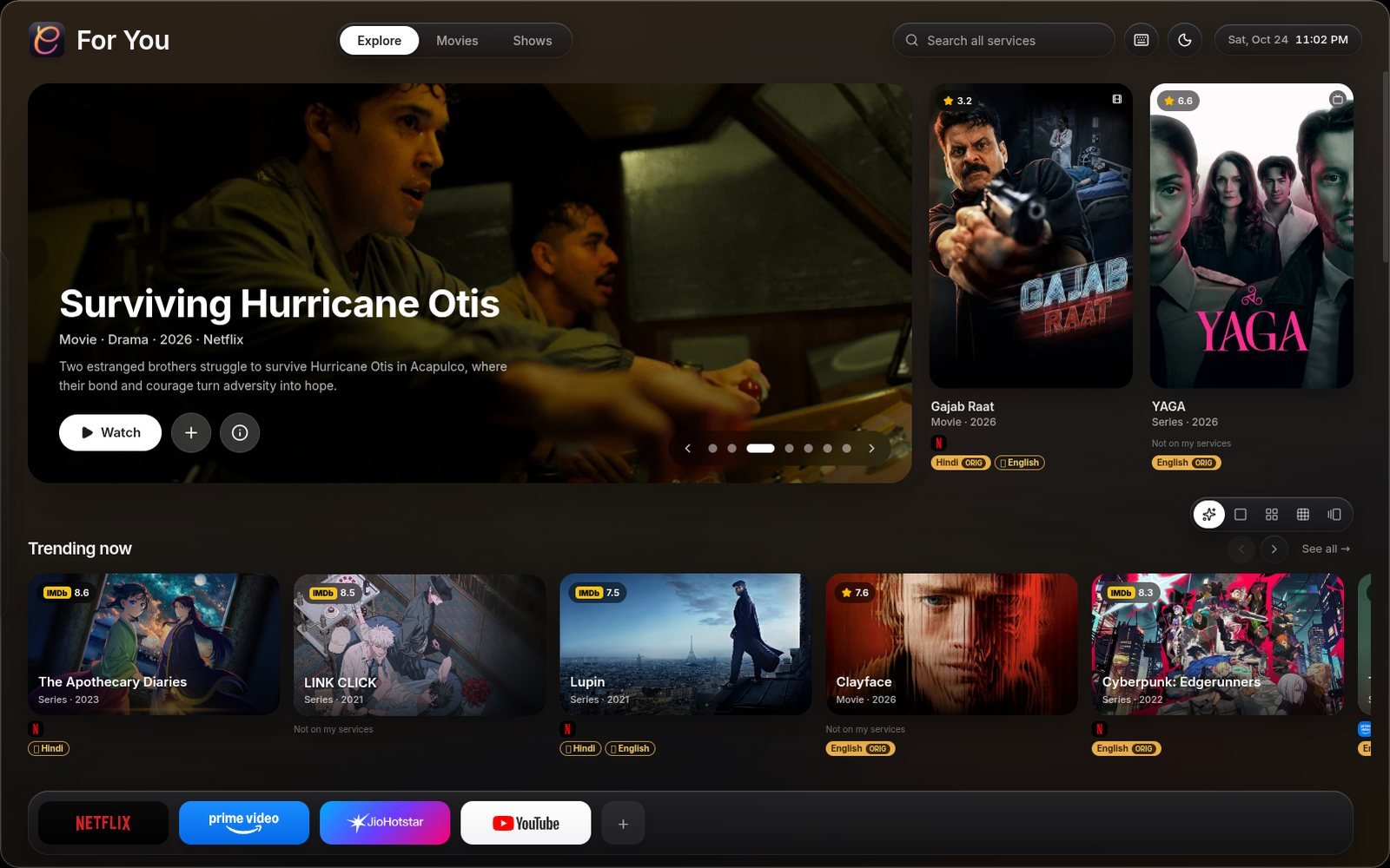 Cinephile on a PC: a featured film across the top, rows of what is on each service below, and the service shelf along the bottom
