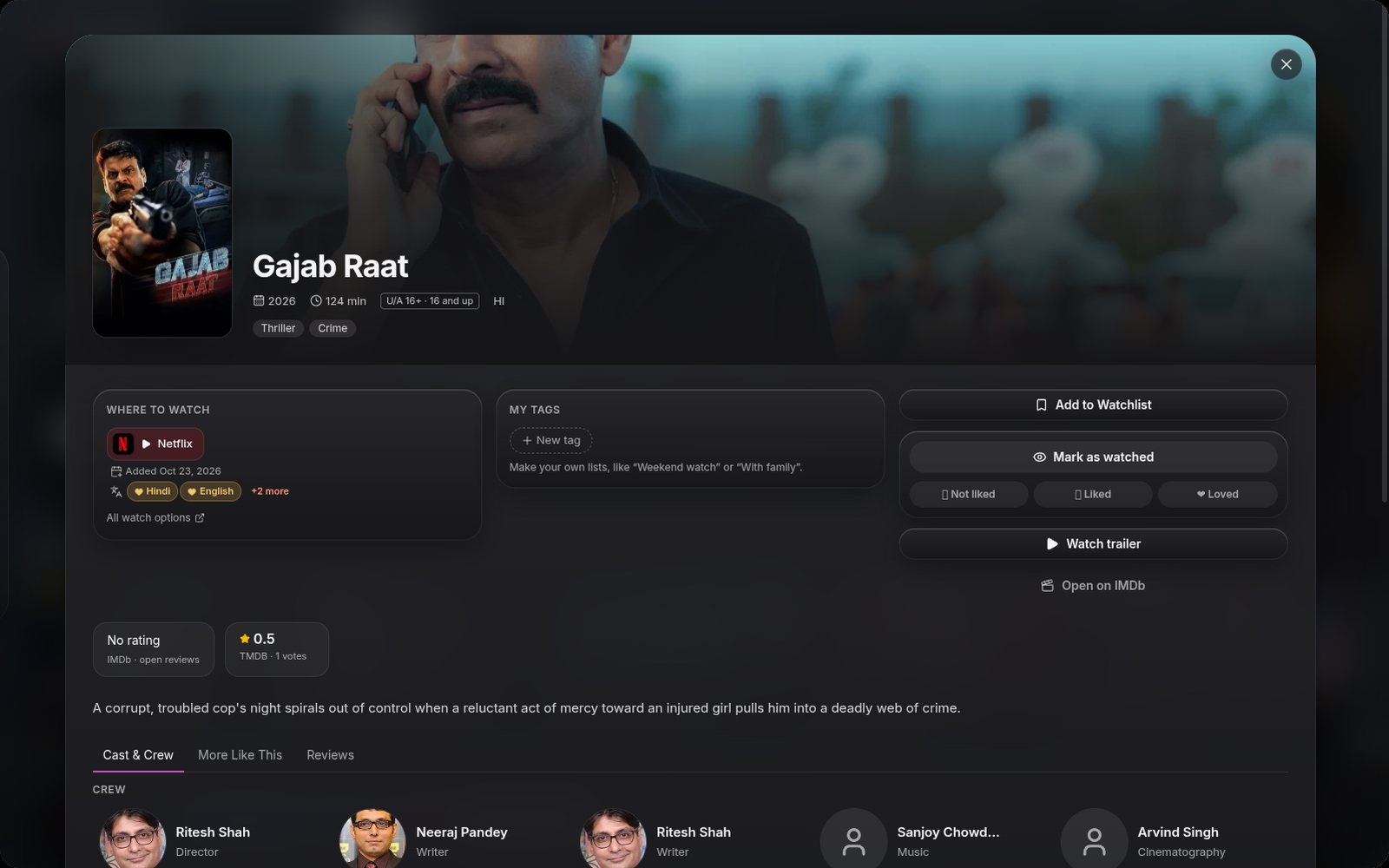 A title page in Cinephile: where to watch it and in which languages, ratings, your own tags, the trailer and the cast