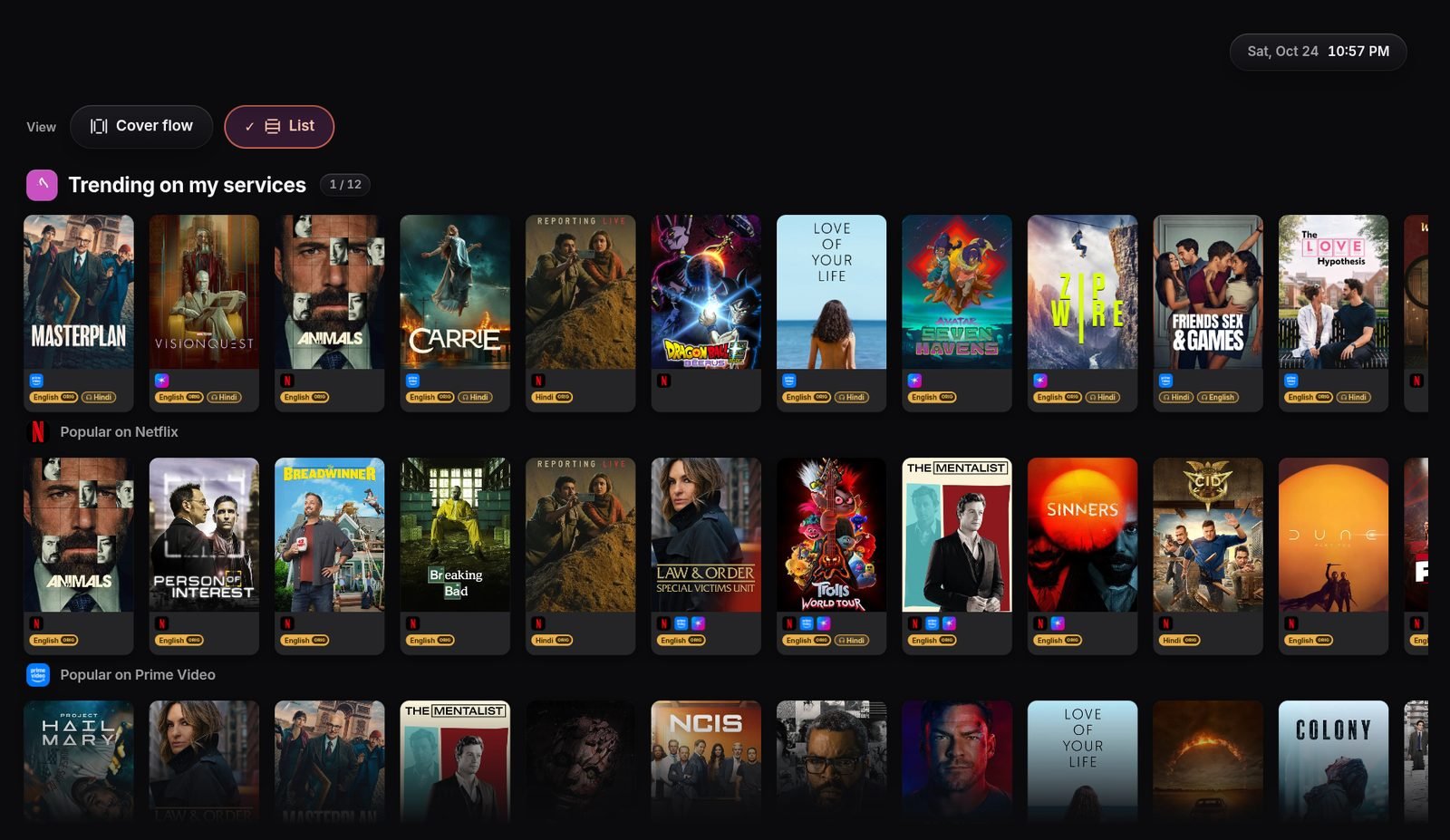 Cinephile on a Fire TV: rows of large posters grouped by service